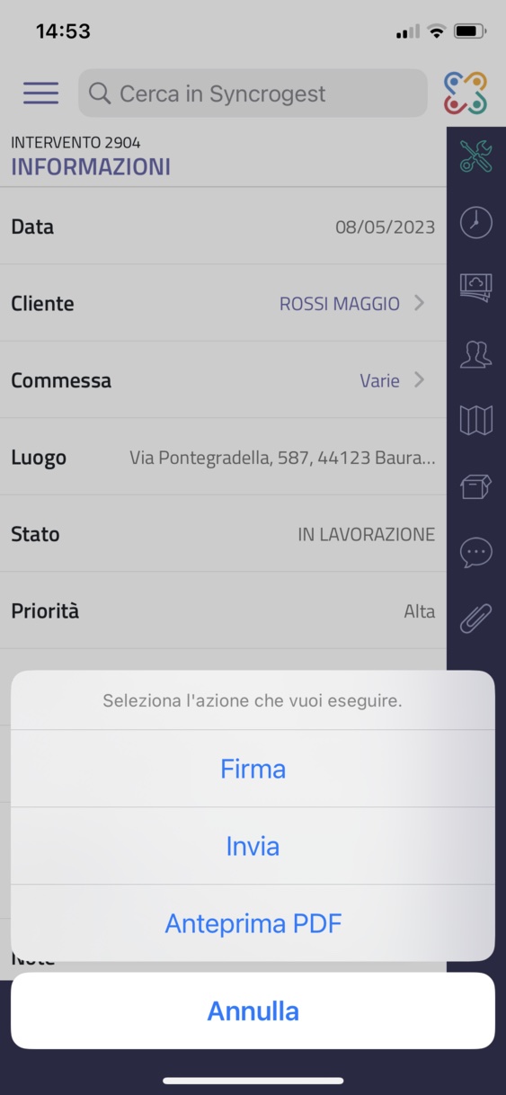 Azioni firma invia e anteprima rapportino di lavoro azioni opzioni