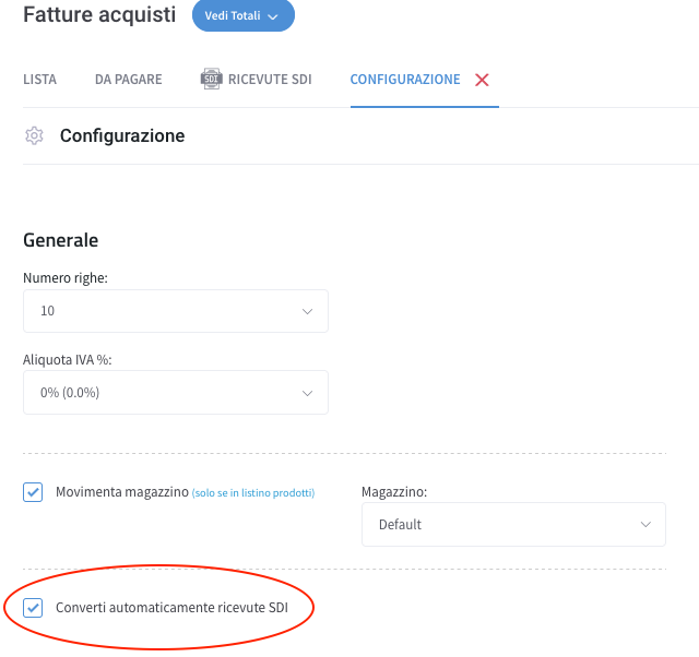 Config Fatture Acquisti Converti automaticamente da SDI Config Fatture Acquisti Converti automaticamente da SDI