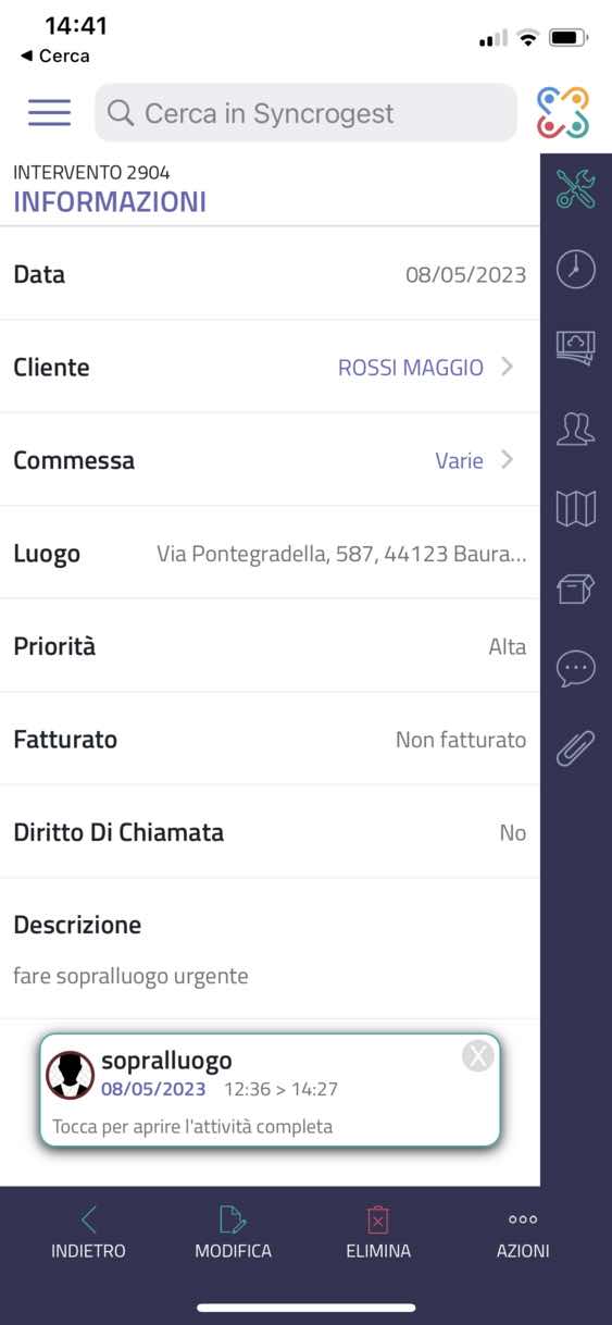 accesso Intervento da Attività a Calendario intervento da calendario app